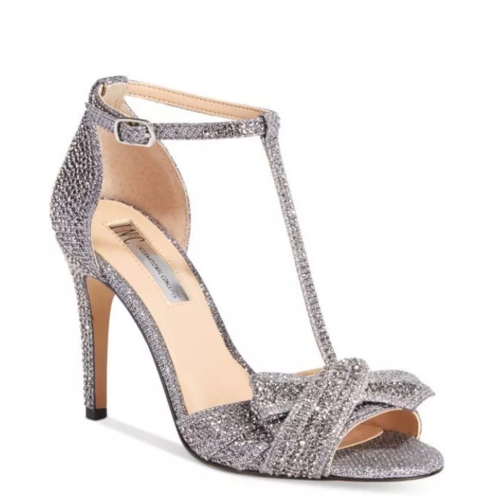 INC International Concepts Risha Embellished Strappy Silver Brocade Prom Shoes